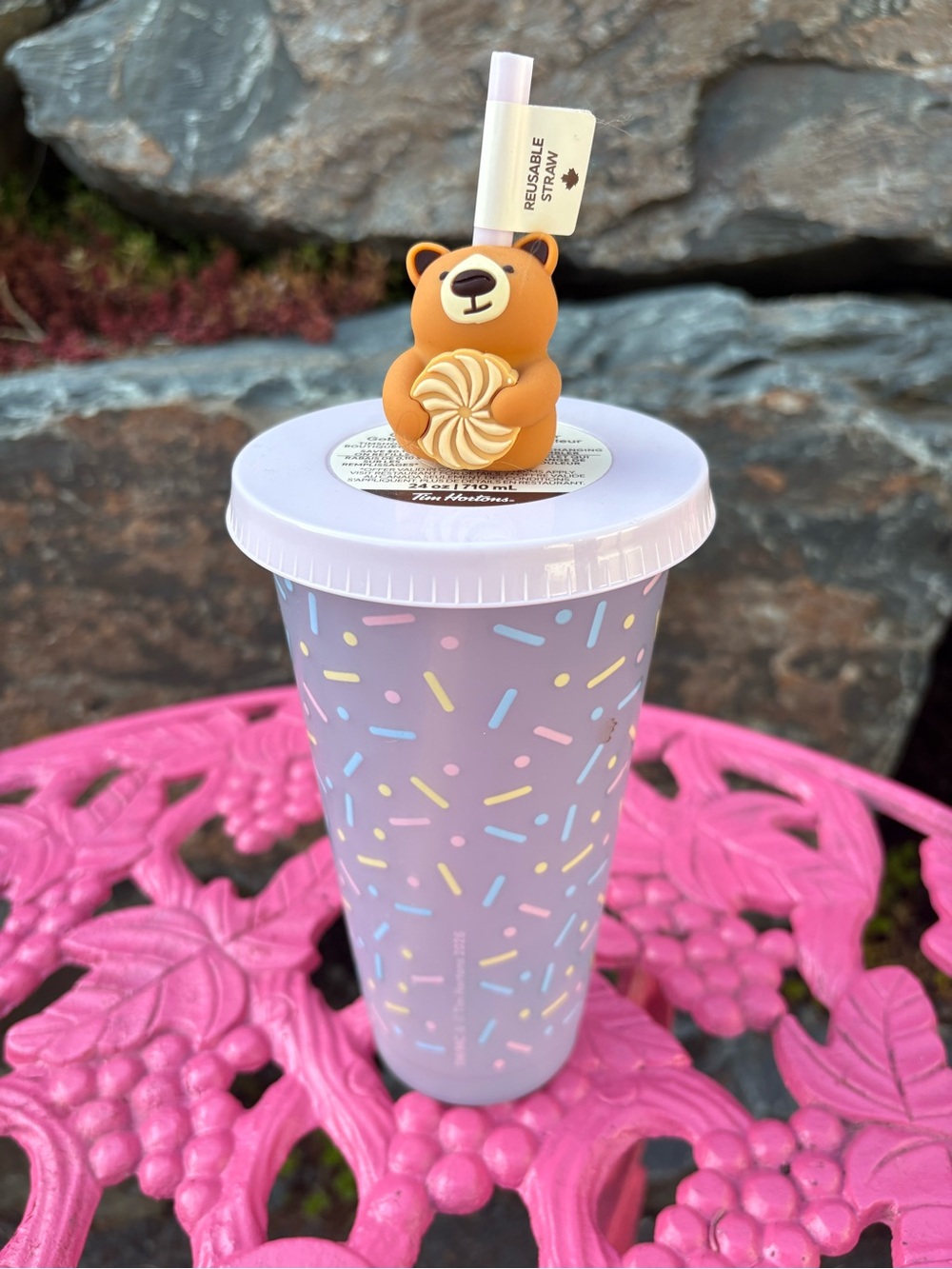 Tim Hortons Cute Sprinkles Tumbler with Bear Straw Topper - Pastel Lavender